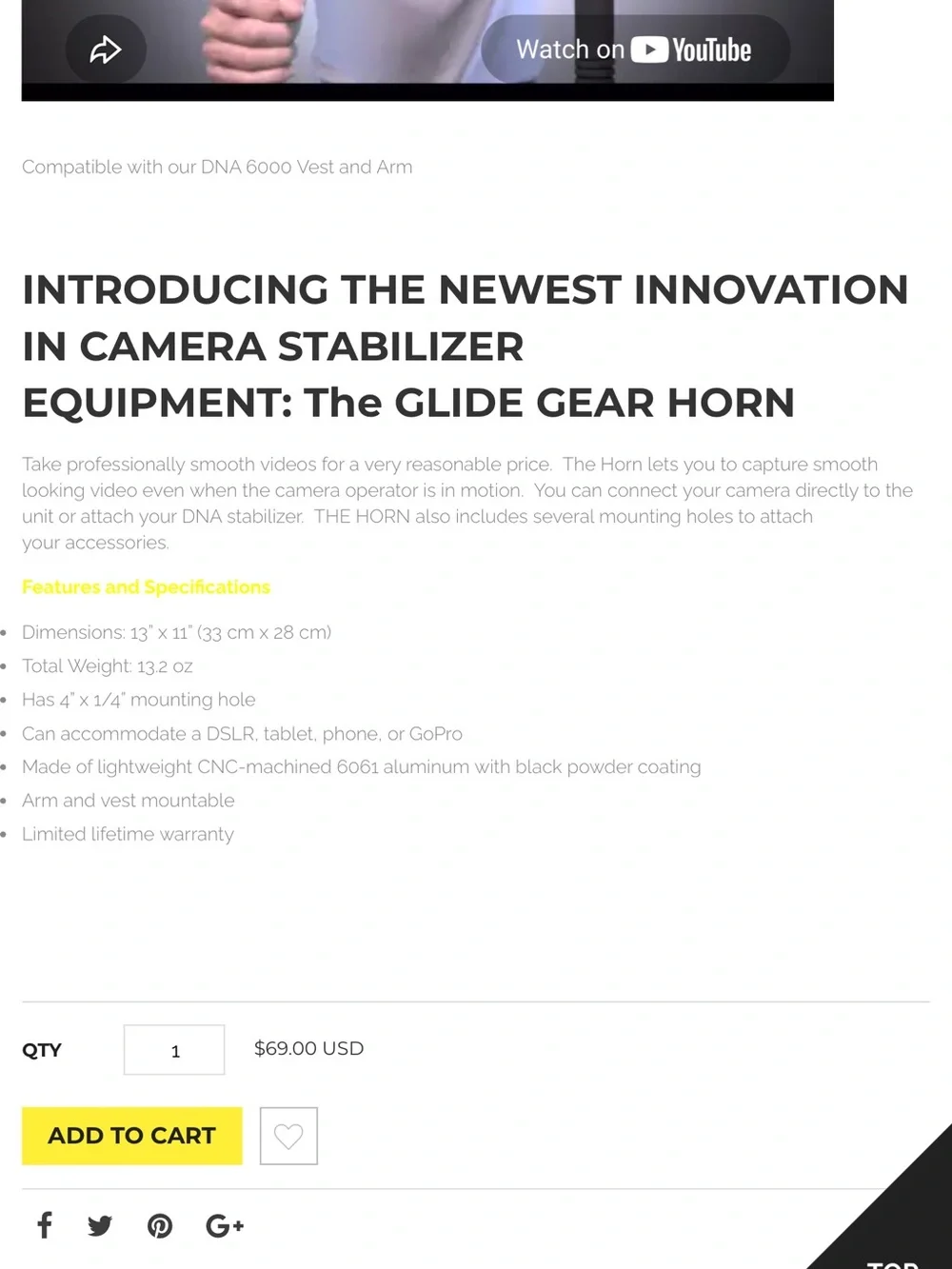 NWOT “The Horn” Steady Rig Stabilizer - Black with Yellow Logo